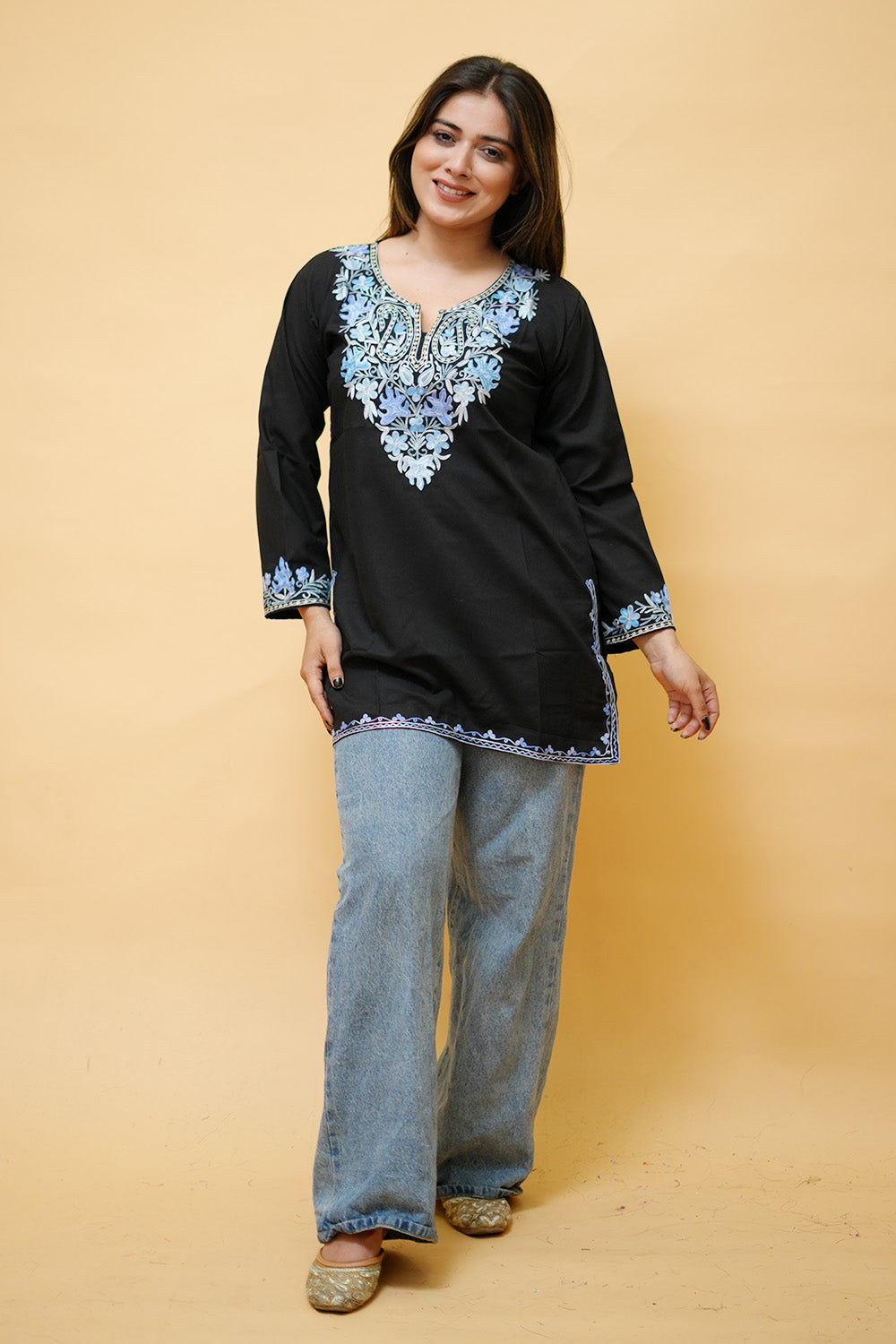 Women Black Cotton Solid With Work Short Kurti
