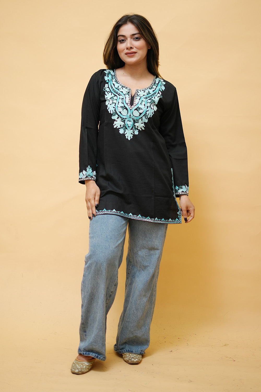 Black Cotton Aari Work Kurti With Multicoloured Neckline