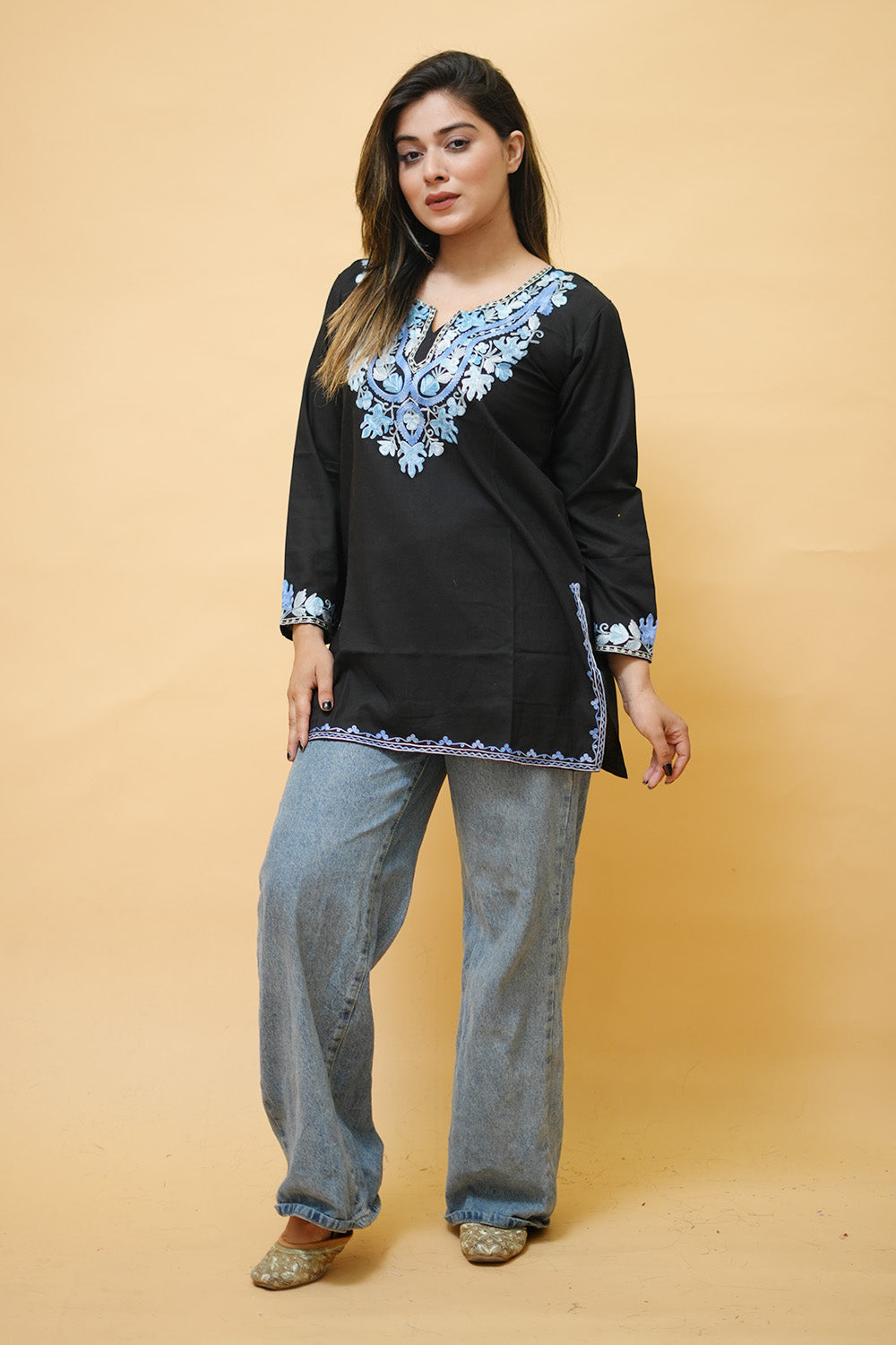 Black Cotton Aari Work Kurti With Multicoloured Neckline