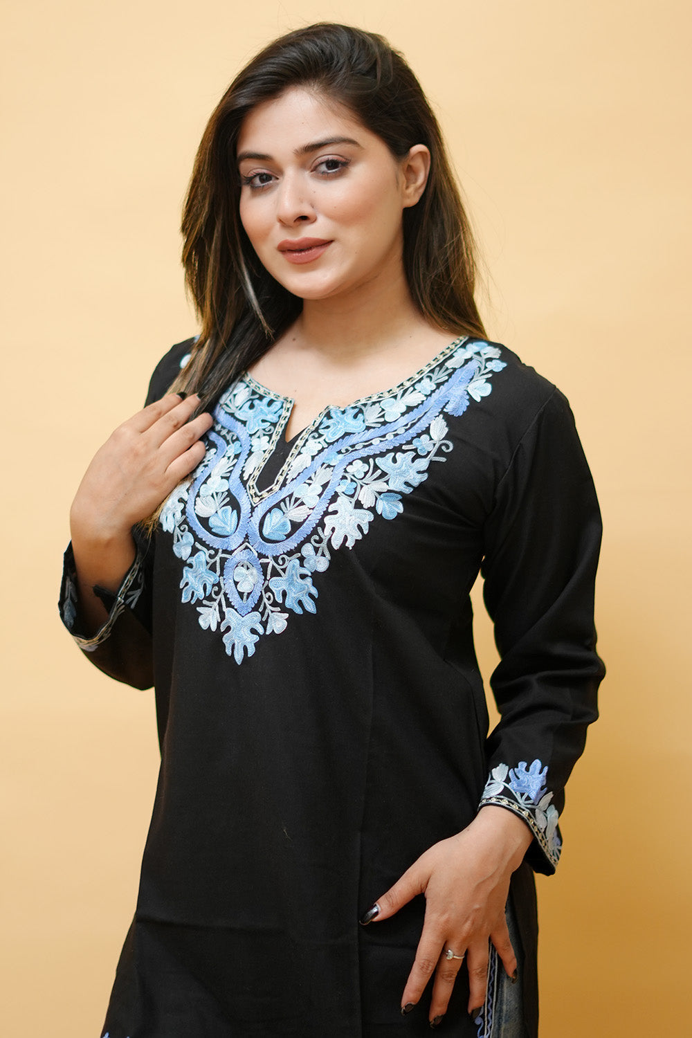 Black Cotton Aari Work Kurti With Multicoloured Neckline