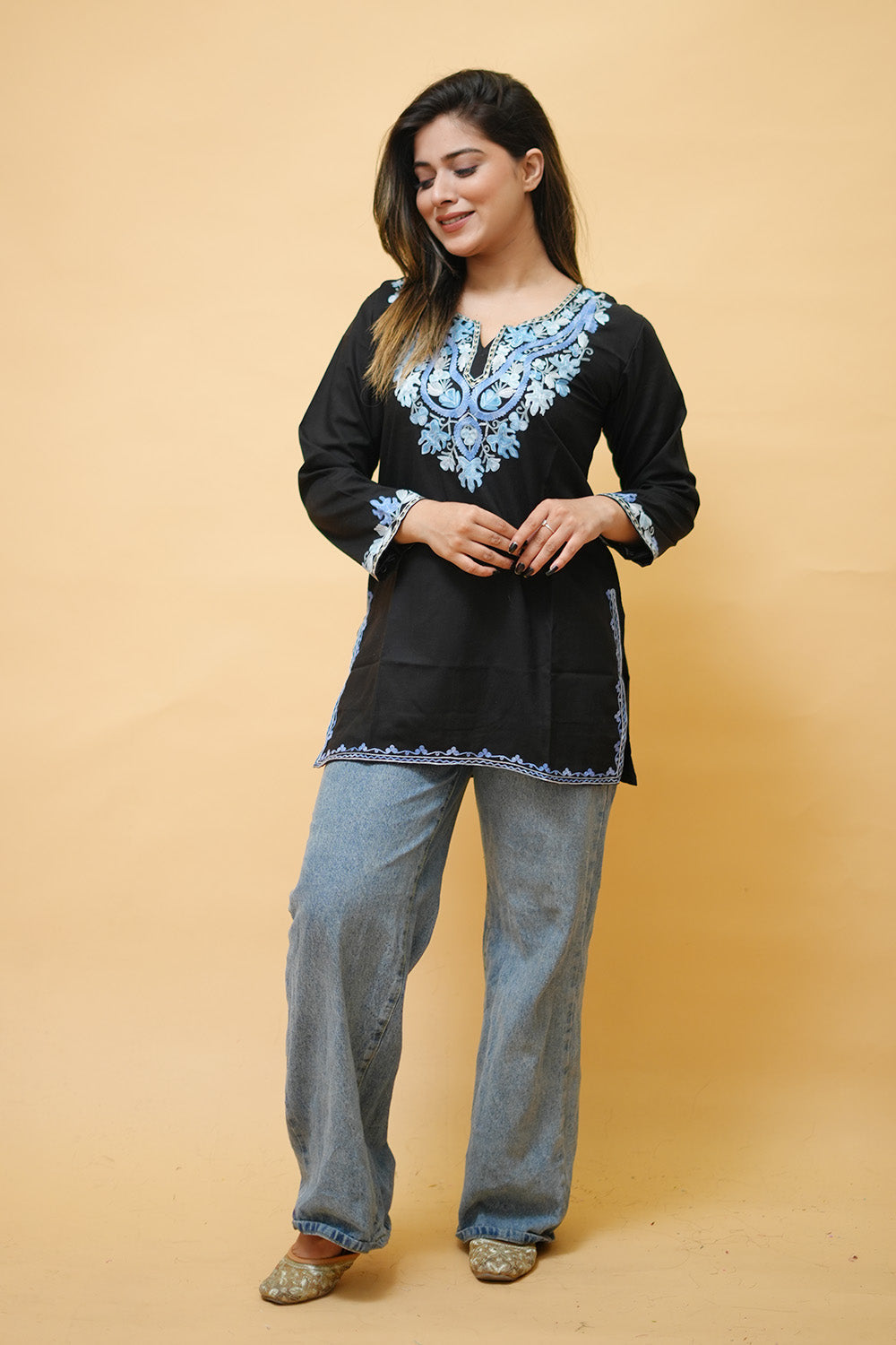 Black Cotton Aari Work Kurti With Multicoloured Neckline