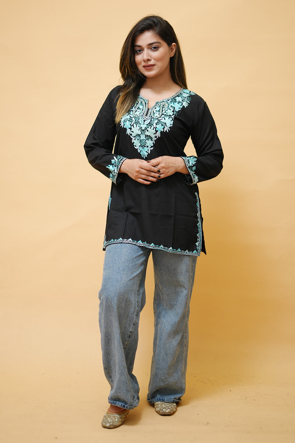 Black Cotton Aari Work Kurti With Multicoloured Neckline