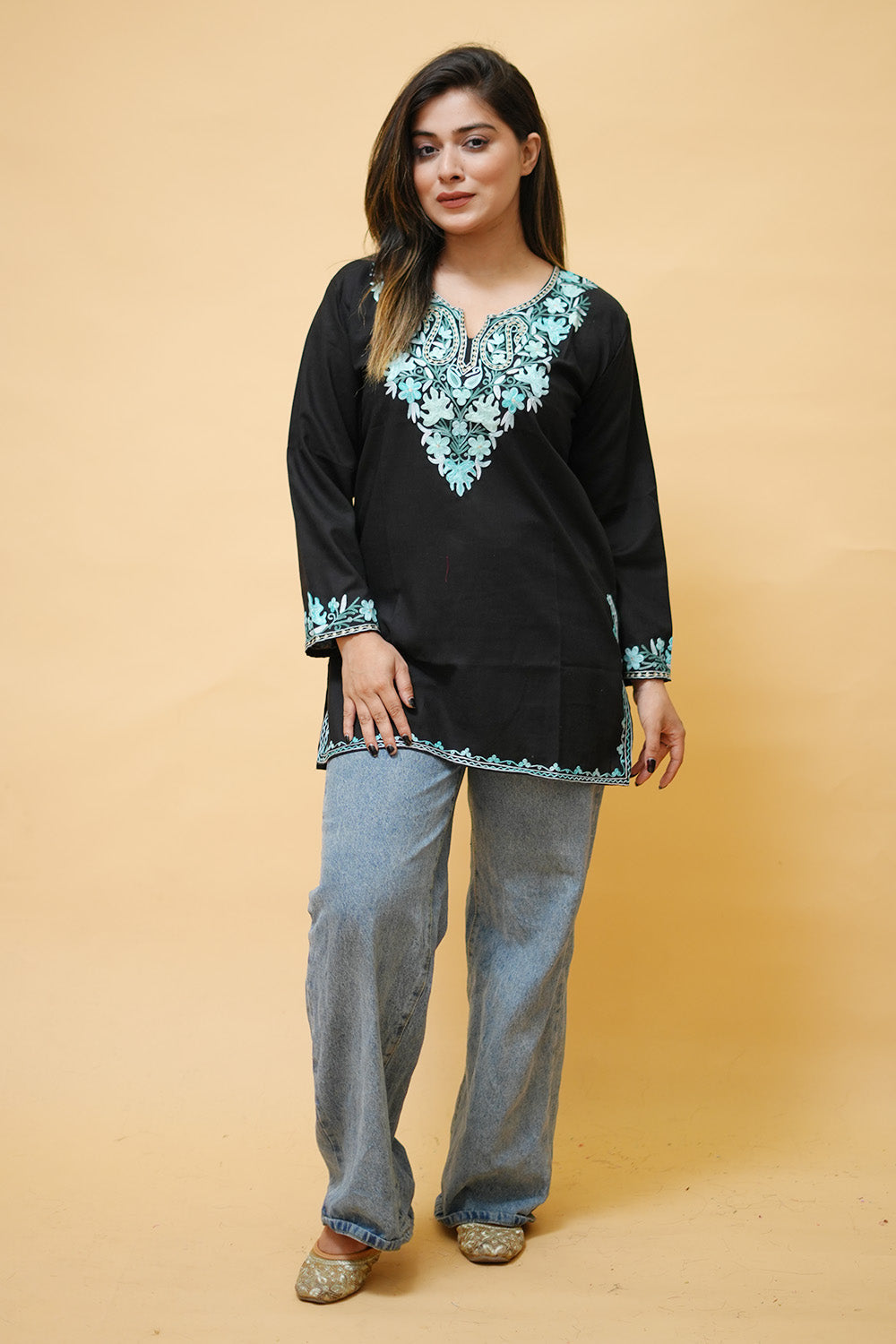 Black Cotton Aari Work Kurti With Multicoloured Neckline