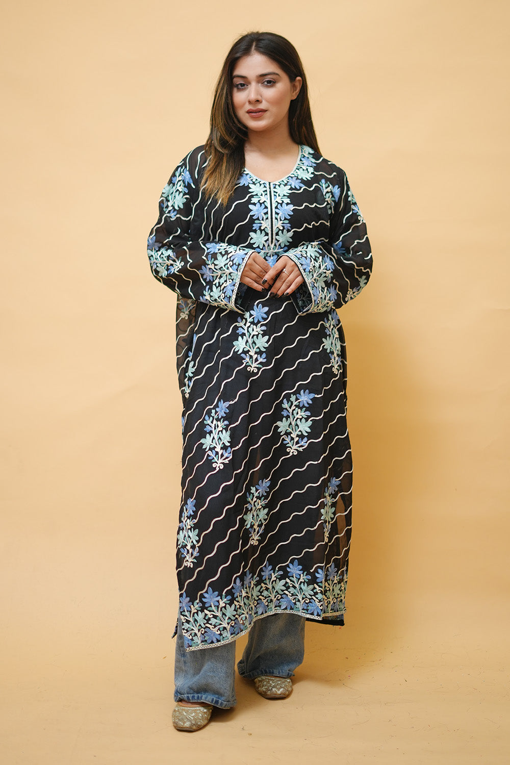 Black Diagonal Kashmiri Kurti With Multicolour all over