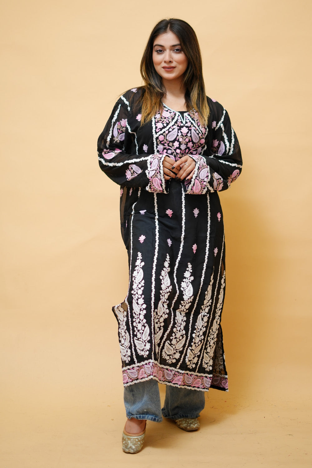 Black Lining Kashmiri Kurti With Multicolour all over Front