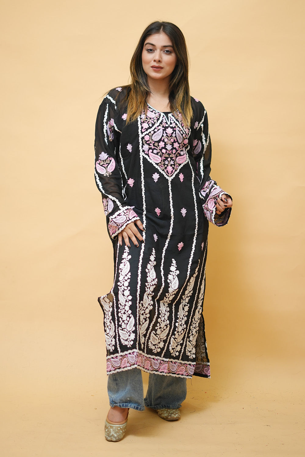 Black Lining Kashmiri Kurti With Multicolour all over Front