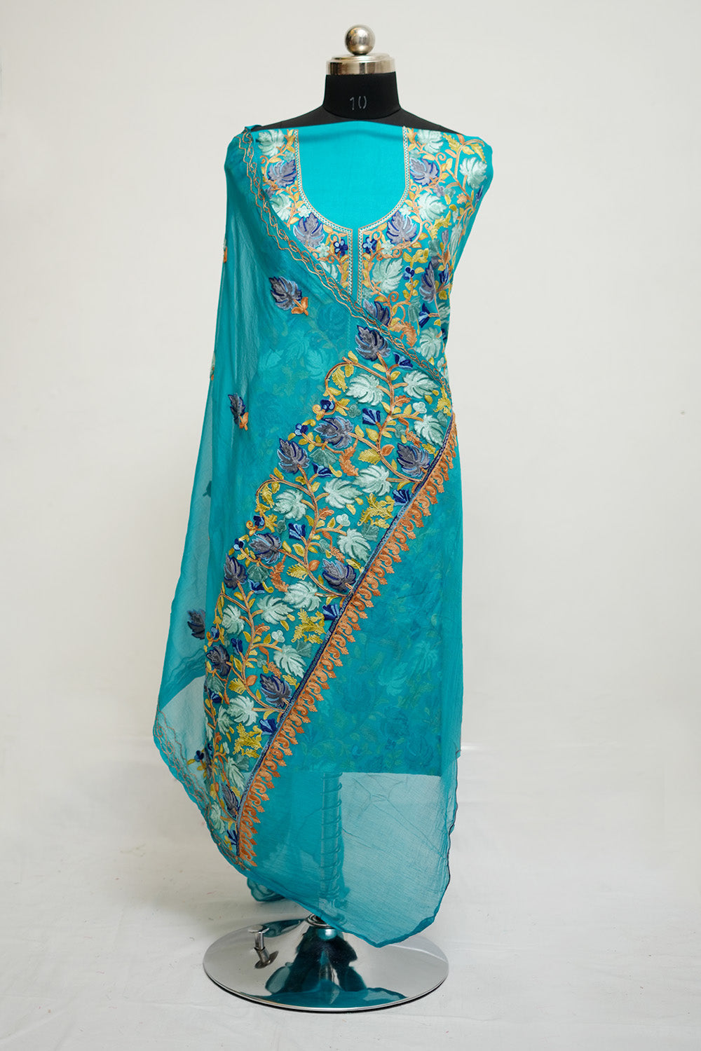 Blue Aari Work Salwar Kameez With Chinar Heavy Jaal Pattern