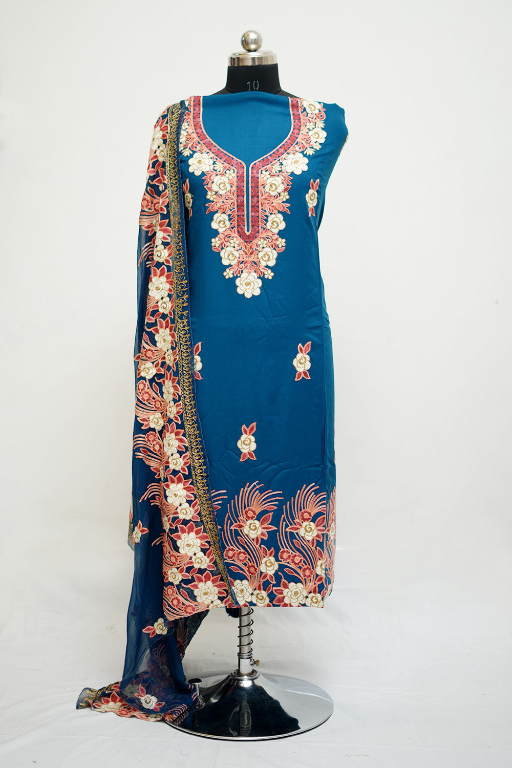 Dark blue fancy silk cotton unstitched salwar material, cut work& cross stitch embroidered on yoke(thin fabric, lining needed)matching silk cotton bottom, cross stitch embroidered fancy silk cotton dupatta. CODE MY252616 main image 0