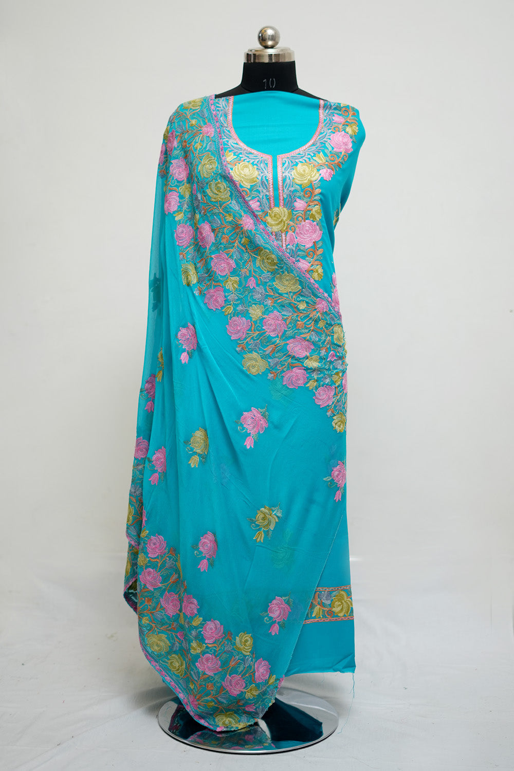 Blue Aari Work Salwar Kameez With Neckline Rose Pattern