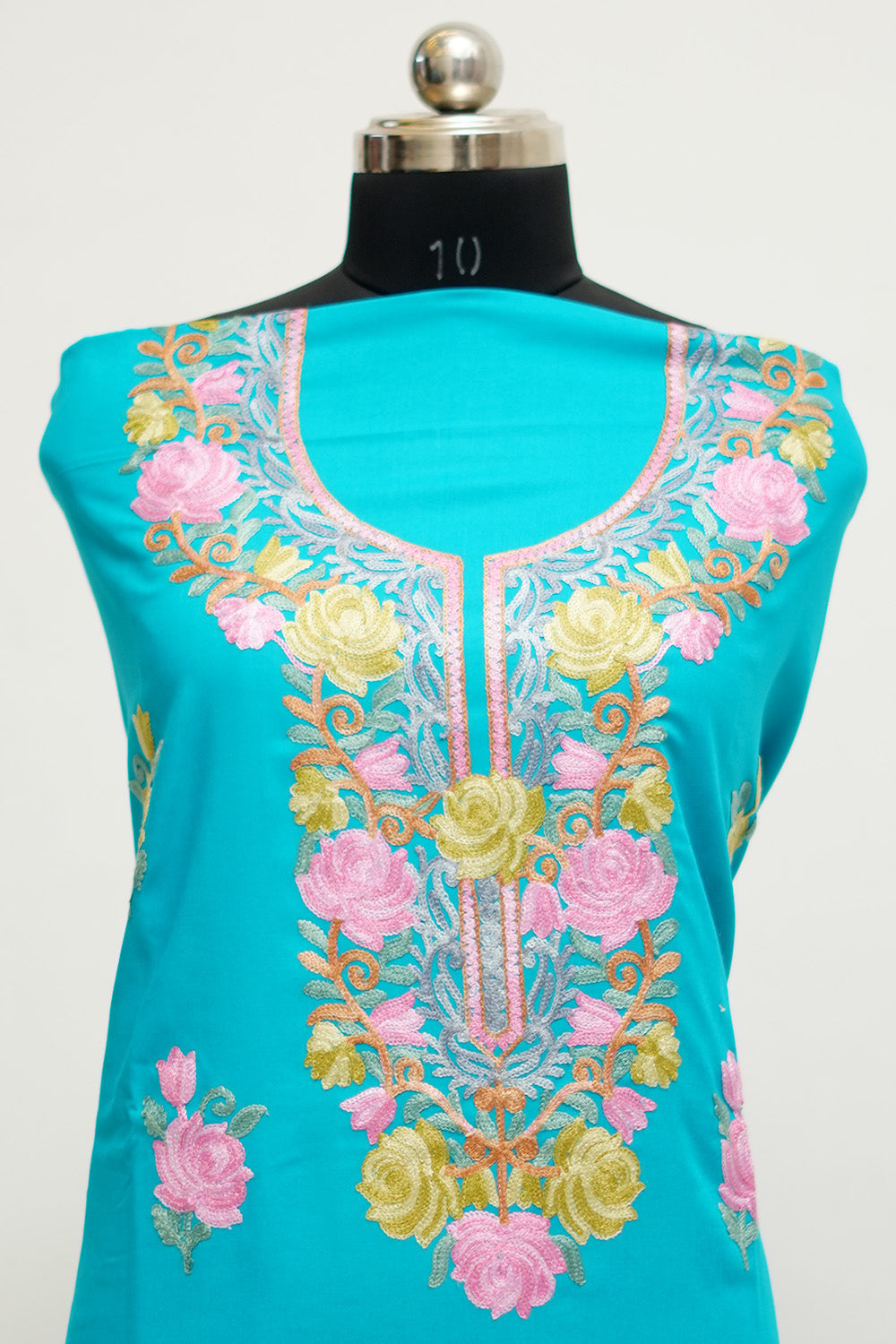 Blue Aari Work Salwar Kameez With Neckline Rose Pattern