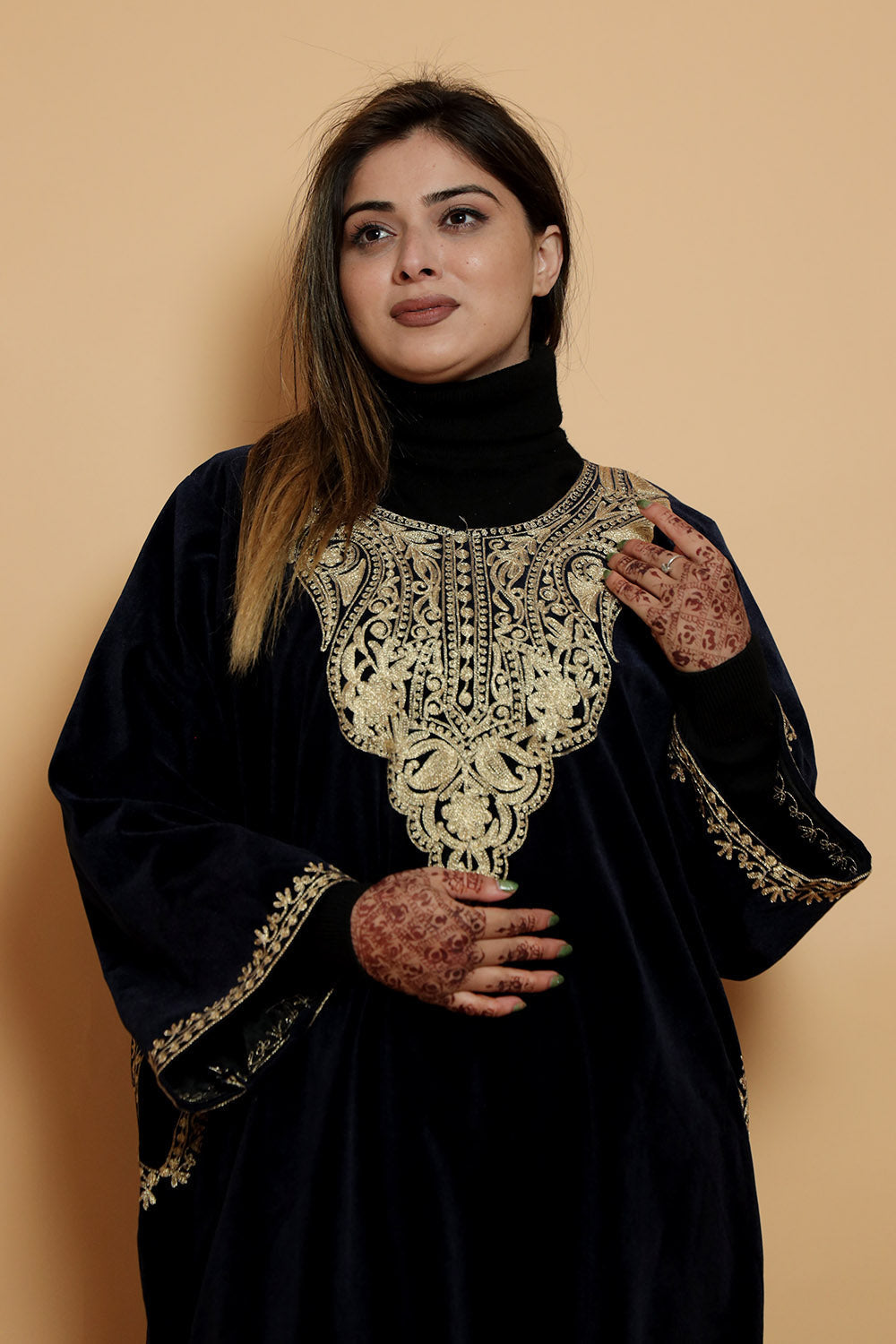 Blue Color Aari Work Embroidered Velvet Phiran Enriched