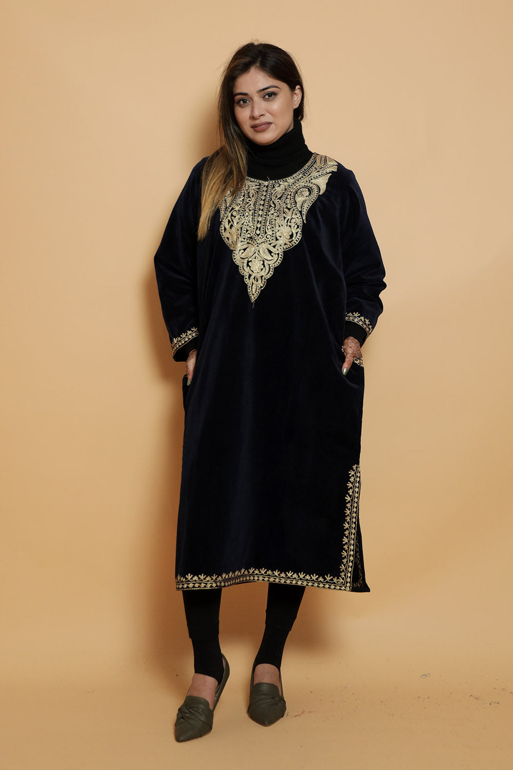 Blue Color Aari Work Embroidered Velvet Phiran Enriched