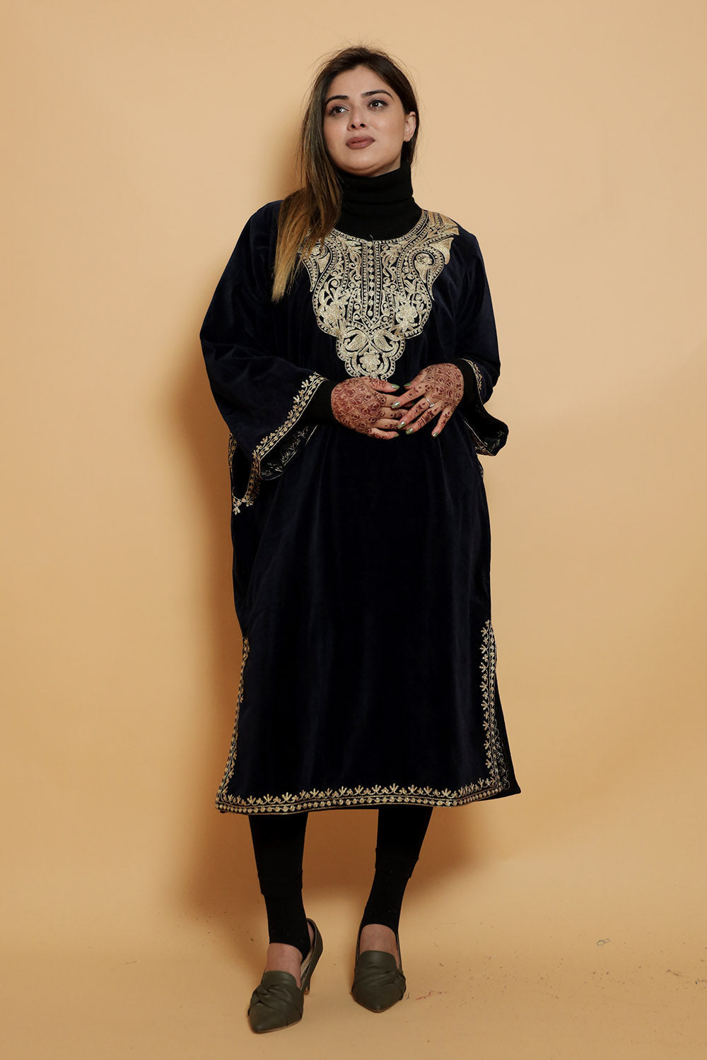 Blue Color Aari Work Embroidered Velvet Phiran Enriched