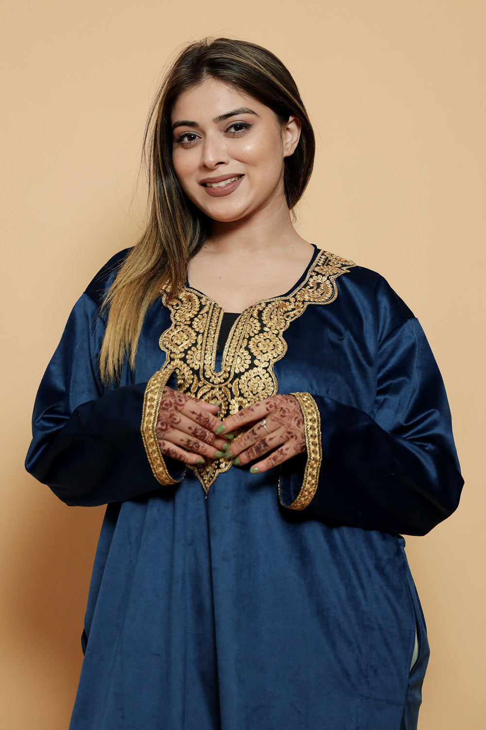 Blue Color Kashmiri Pheran Set With Tilla Patch Work