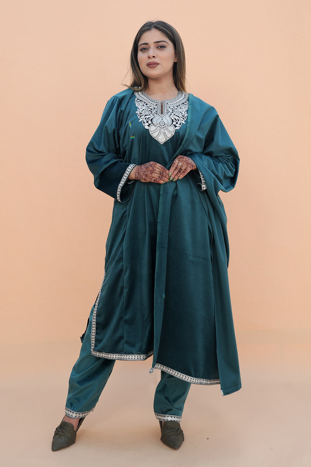 Blue Color Kashmiri Pheran Set With Tilla Patch Work