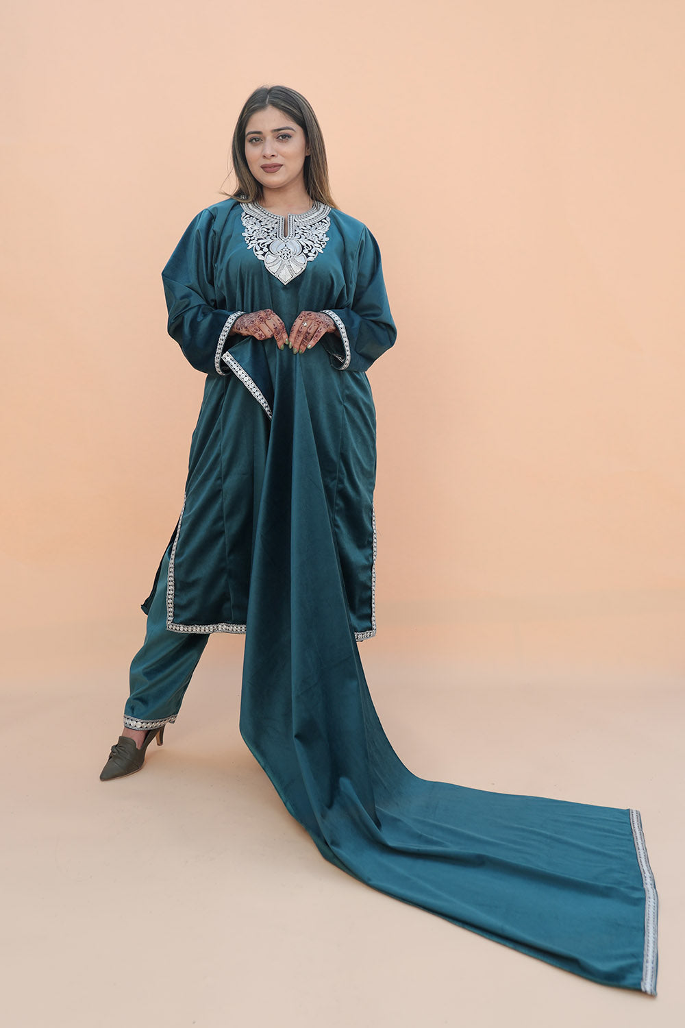 Blue Color Kashmiri Pheran Set With Tilla Patch Work