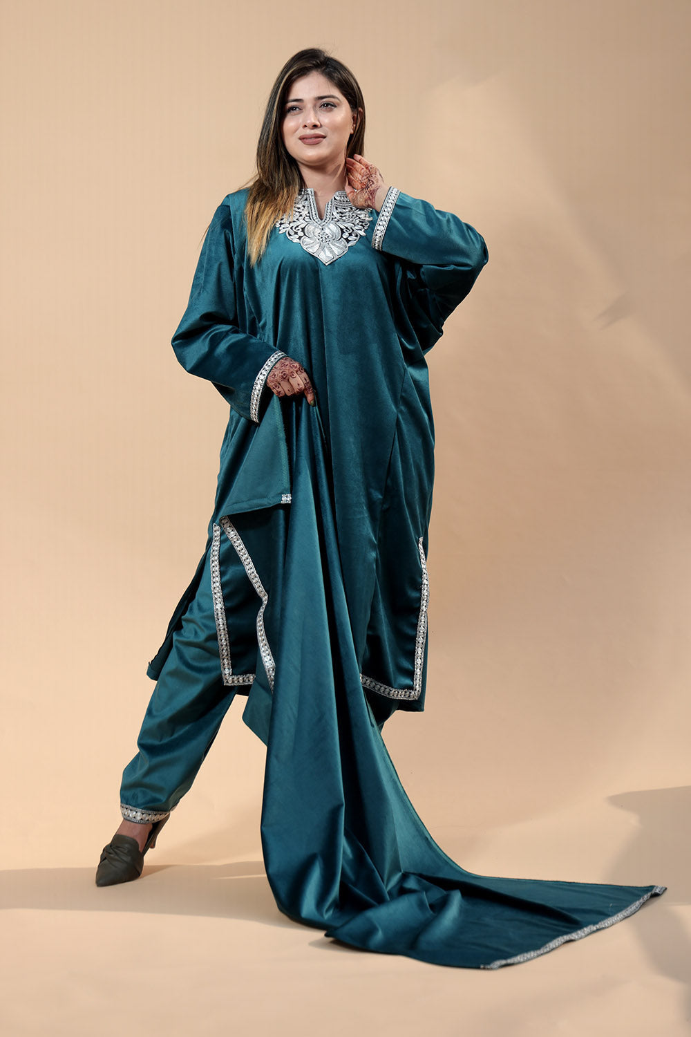 Blue Color Kashmiri Pheran Set With Tilla Patch Work