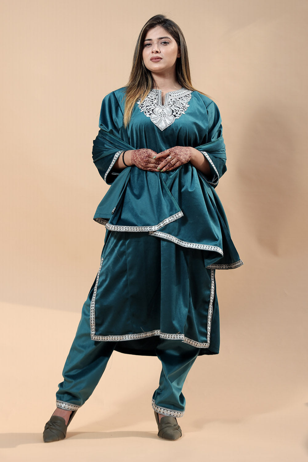 Blue Color Kashmiri Pheran Set With Tilla Patch Work