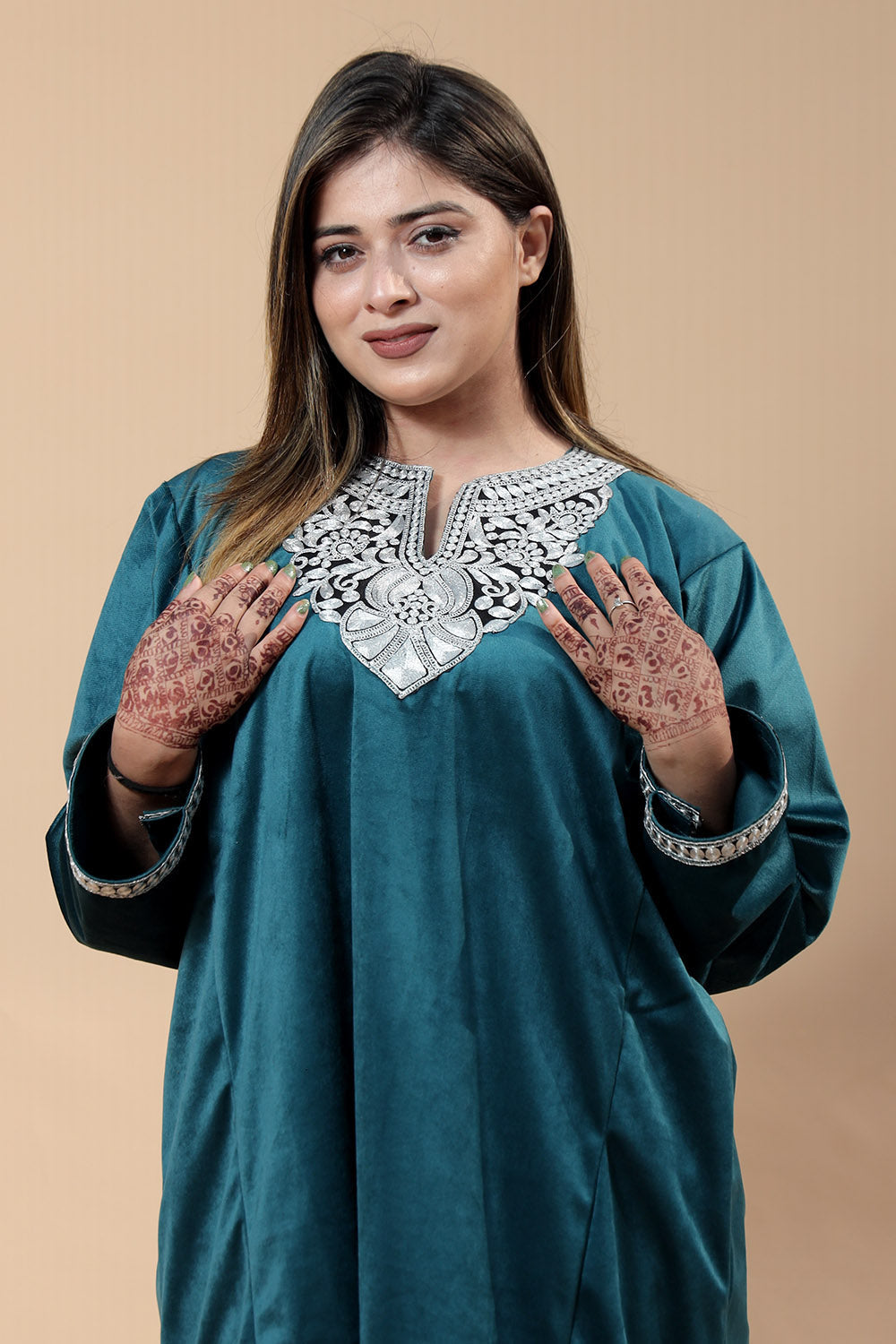 Blue Color Kashmiri Pheran Set With Tilla Patch Work