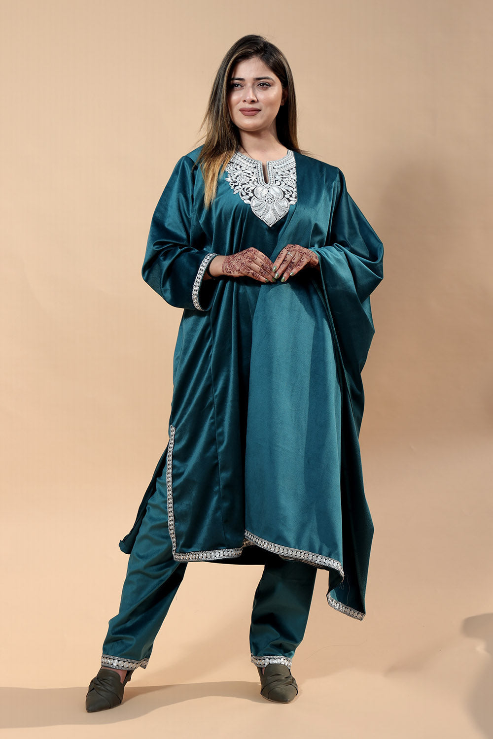 Blue Color Kashmiri Pheran Set With Tilla Patch Work