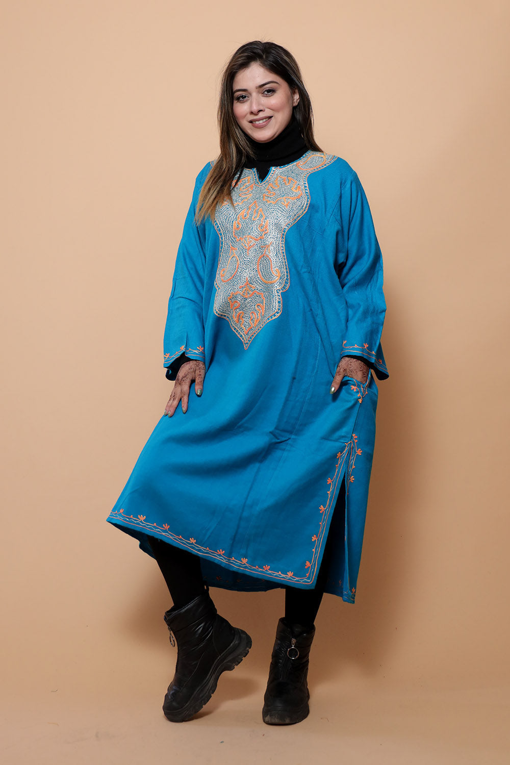 Blue Color Kashmiri Work Embroidered Phiran Enriched