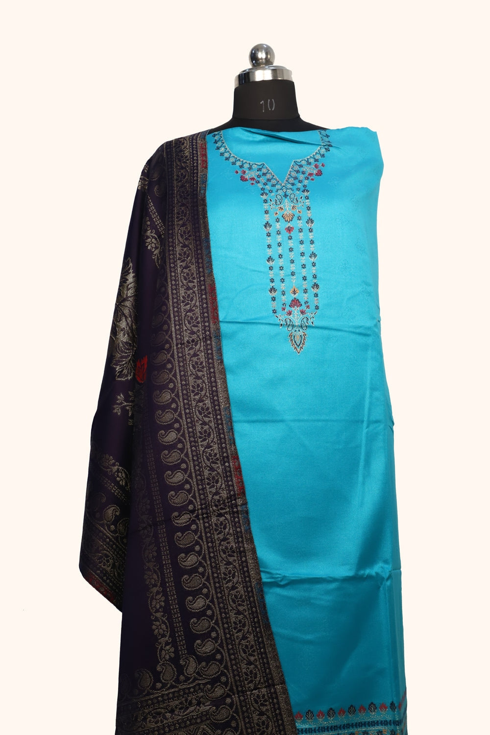 Blue Color Woolen Kashmiri Kani Work Unstitched Suit Fabric