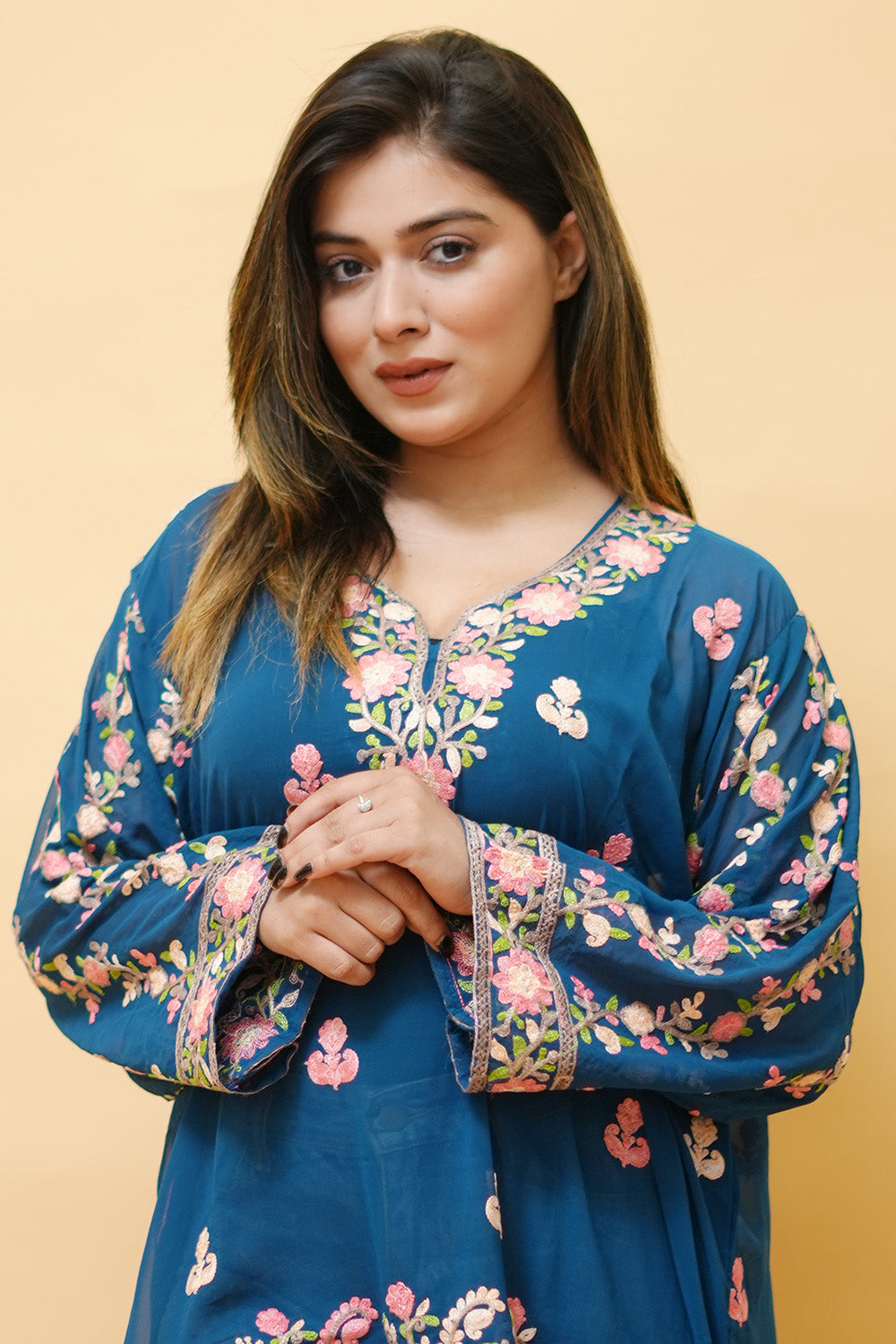 Blue Colour Aari Work Neck Short Kashmiri Kurti With Thread