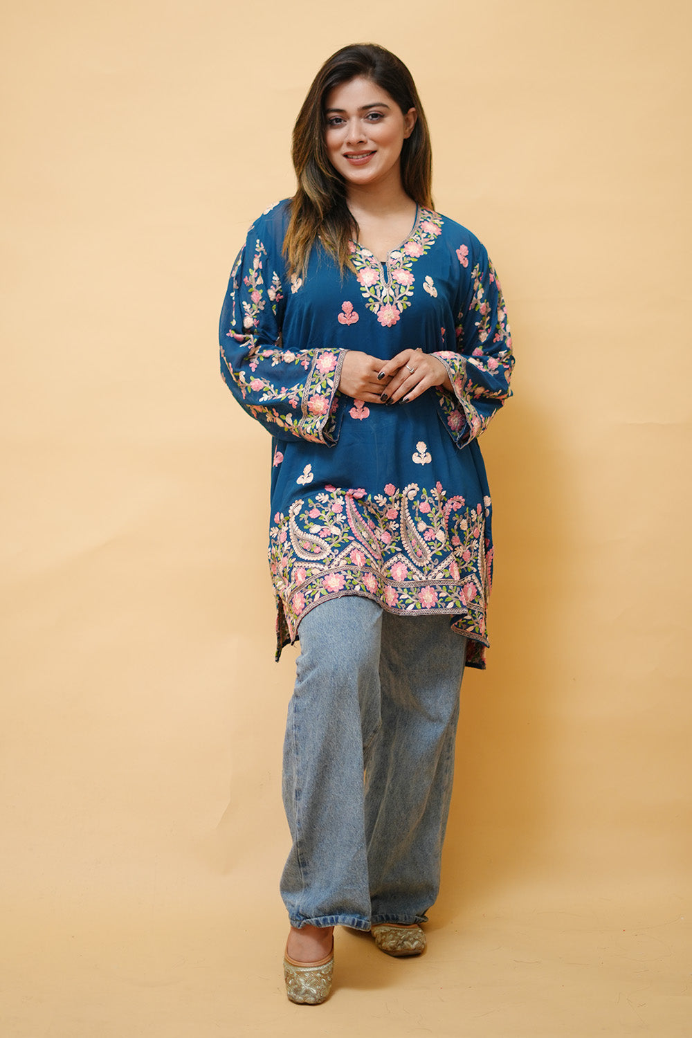 Blue Colour Aari Work Neck Short Kashmiri Kurti With Thread