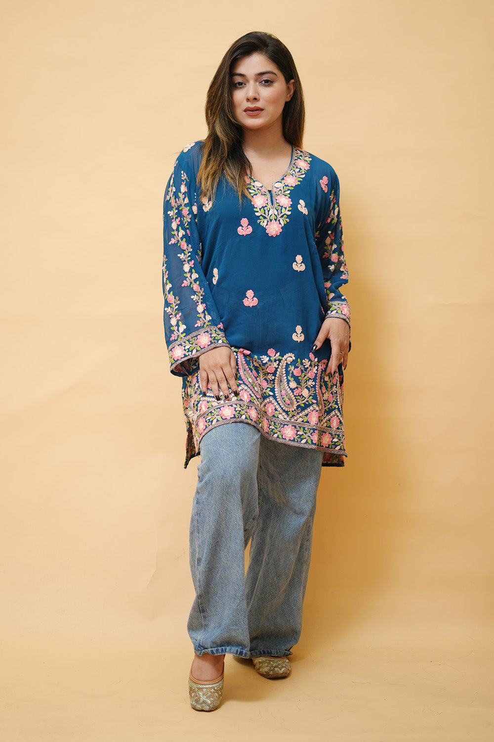 Blue Colour Aari Work Neck Short Kashmiri Kurti With Thread