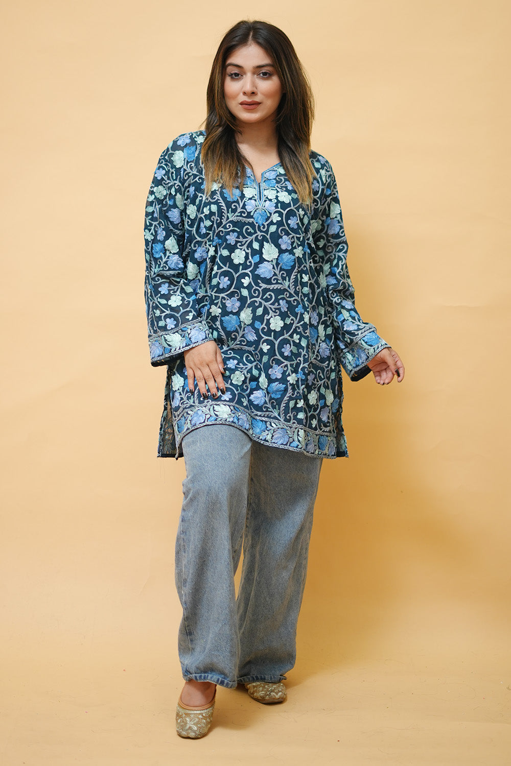 Blue Colour Aari Work Neck Short Kashmiri Kurti With Thread