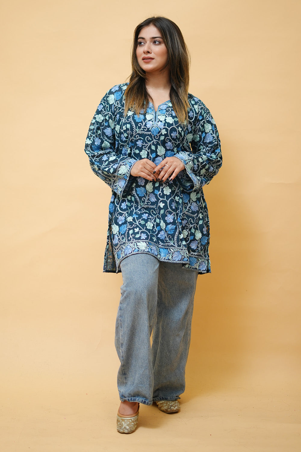 Blue Colour Aari Work Neck Short Kashmiri Kurti With Thread