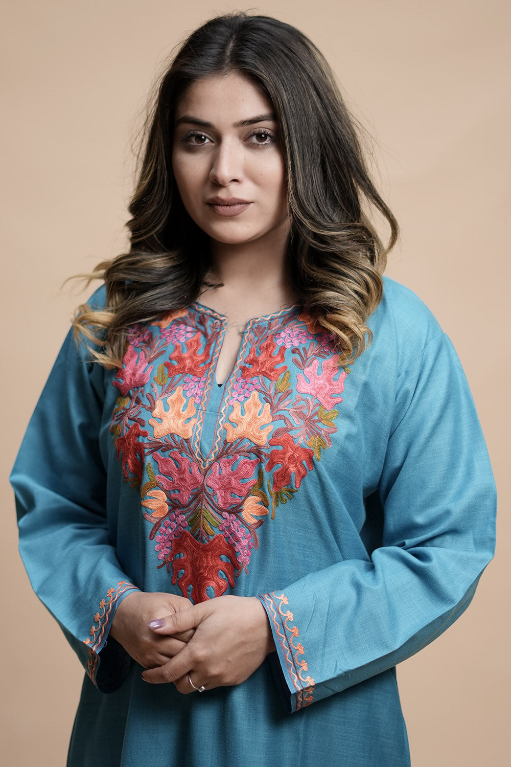 Blue Colour Cotton Kurti With Kashmiri Motifs Latest
