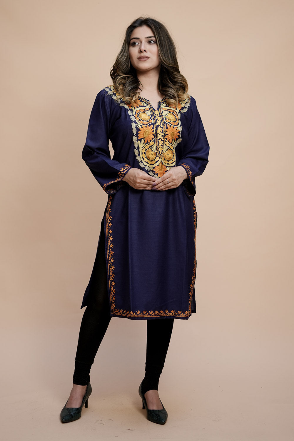 Blue Colour Cotton Kurti With Kashmiri Motifs Latest