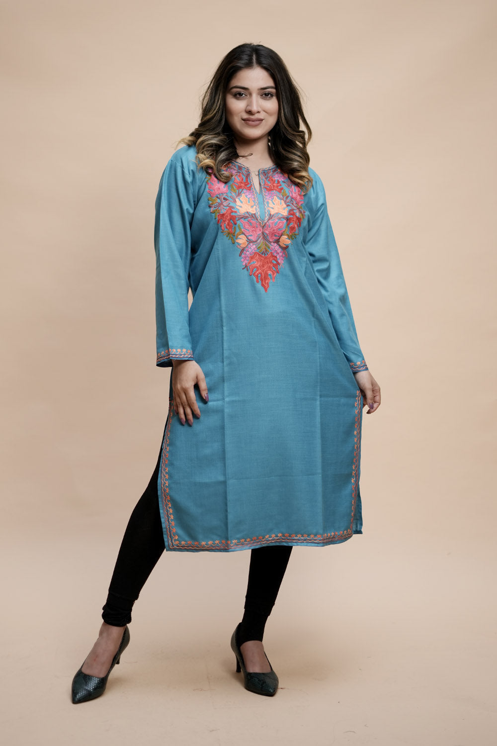 Blue Colour Cotton Kurti With Kashmiri Motifs Latest