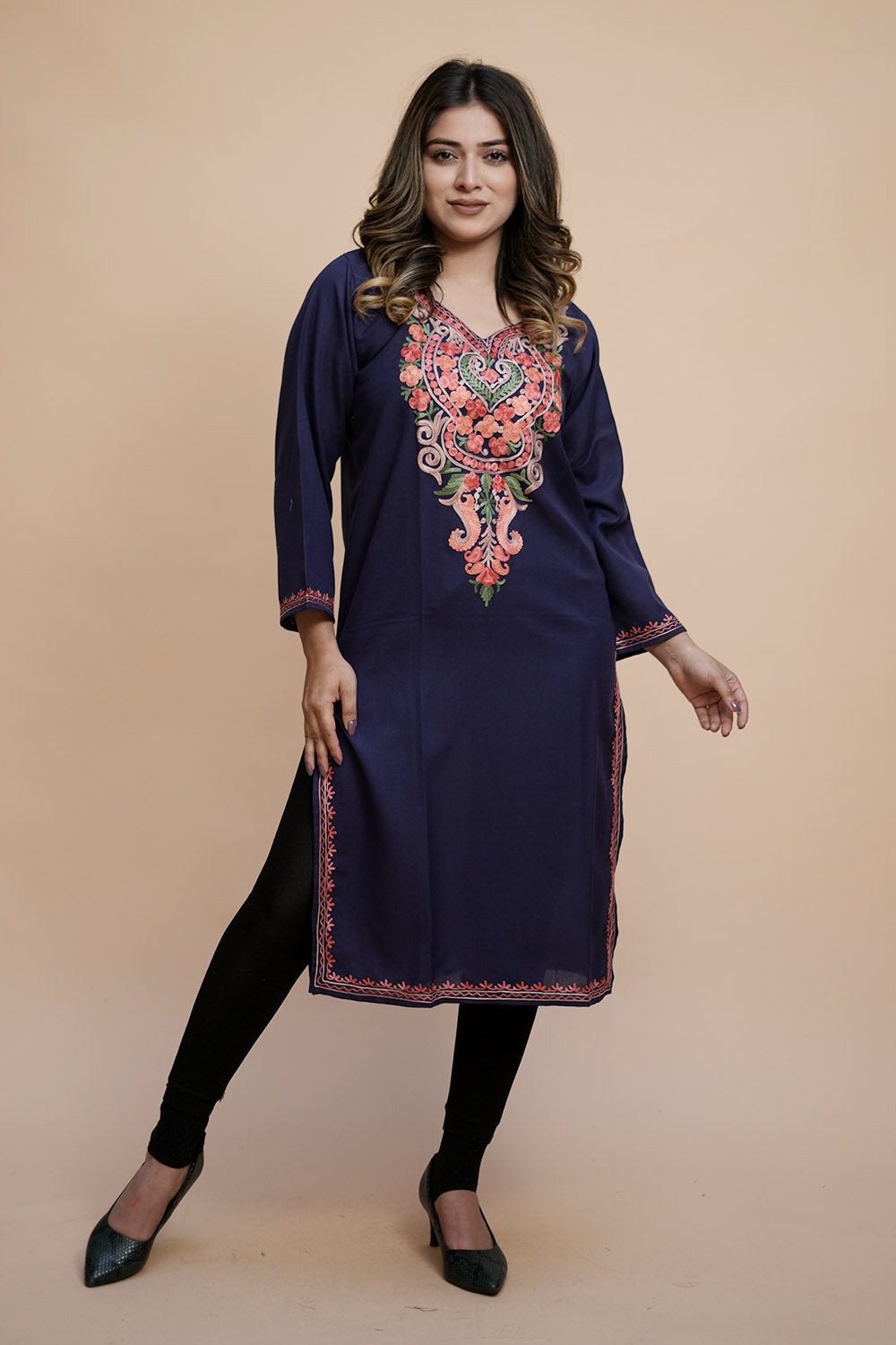 Blue Colour Cotton Kurti With Kashmiri Motifs Latest