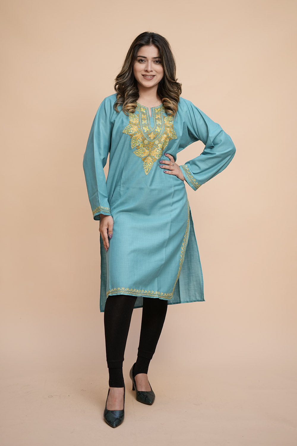 Blue Colour Cotton Kurti With Kashmiri Motifs Latest
