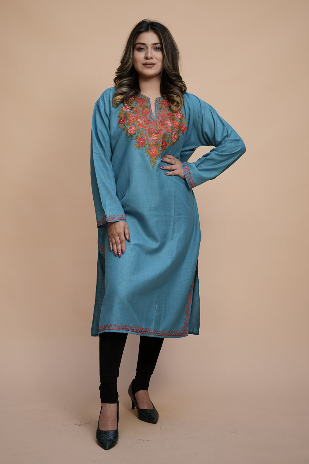 Blue Colour Cotton Kurti With Kashmiri Motifs Latest