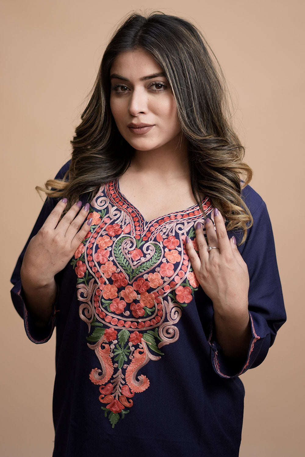 Blue Colour Cotton Kurti With Kashmiri Motifs Latest