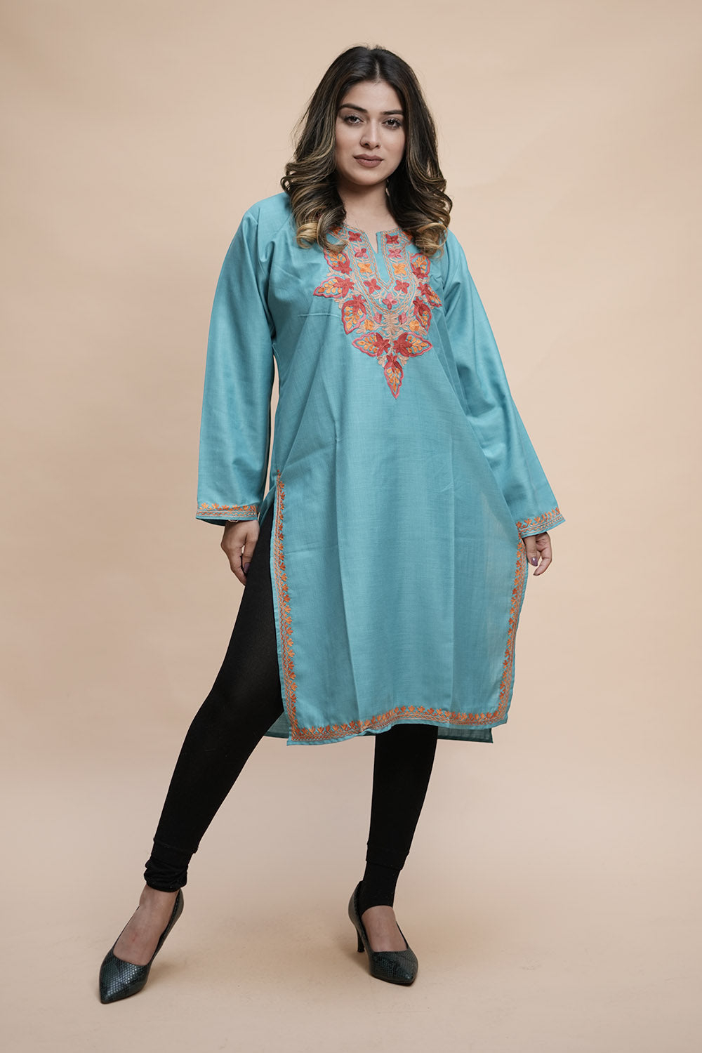 Blue Colour Cotton Kurti With Kashmiri Motifs Latest