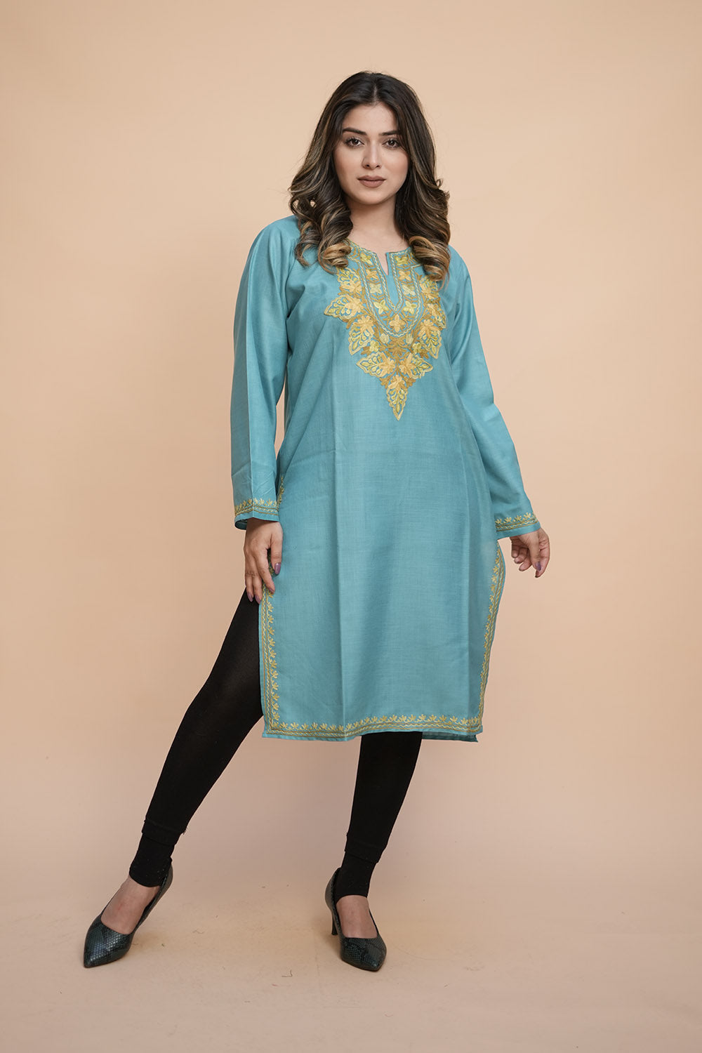 Blue Colour Cotton Kurti With Kashmiri Motifs Latest