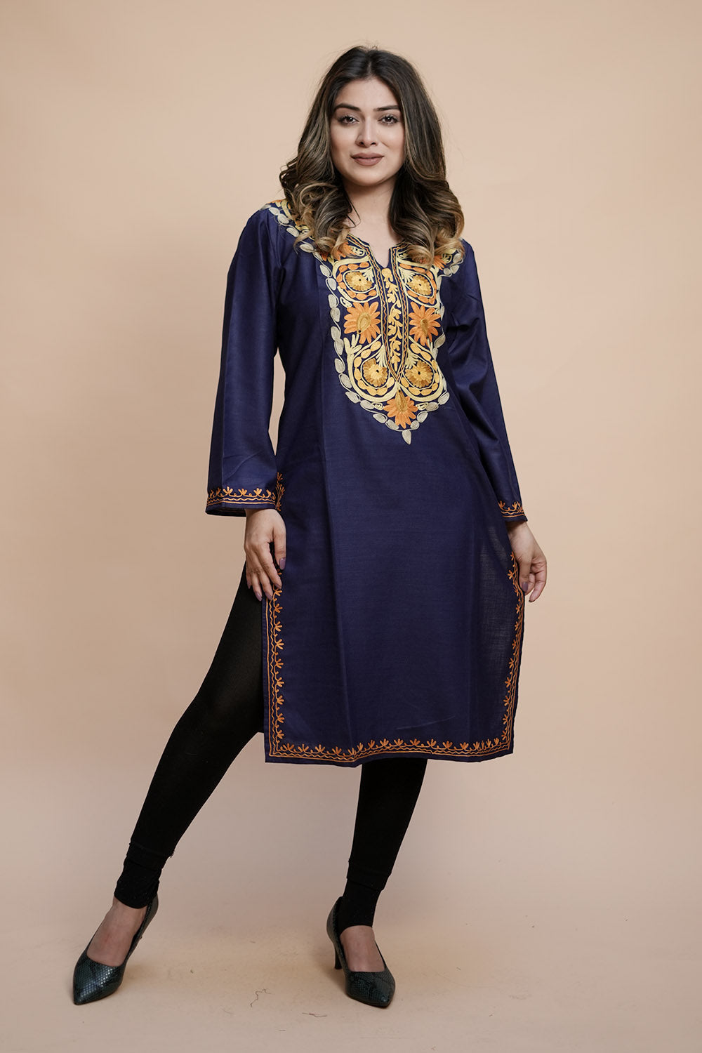 Blue Colour Cotton Kurti With Kashmiri Motifs Latest