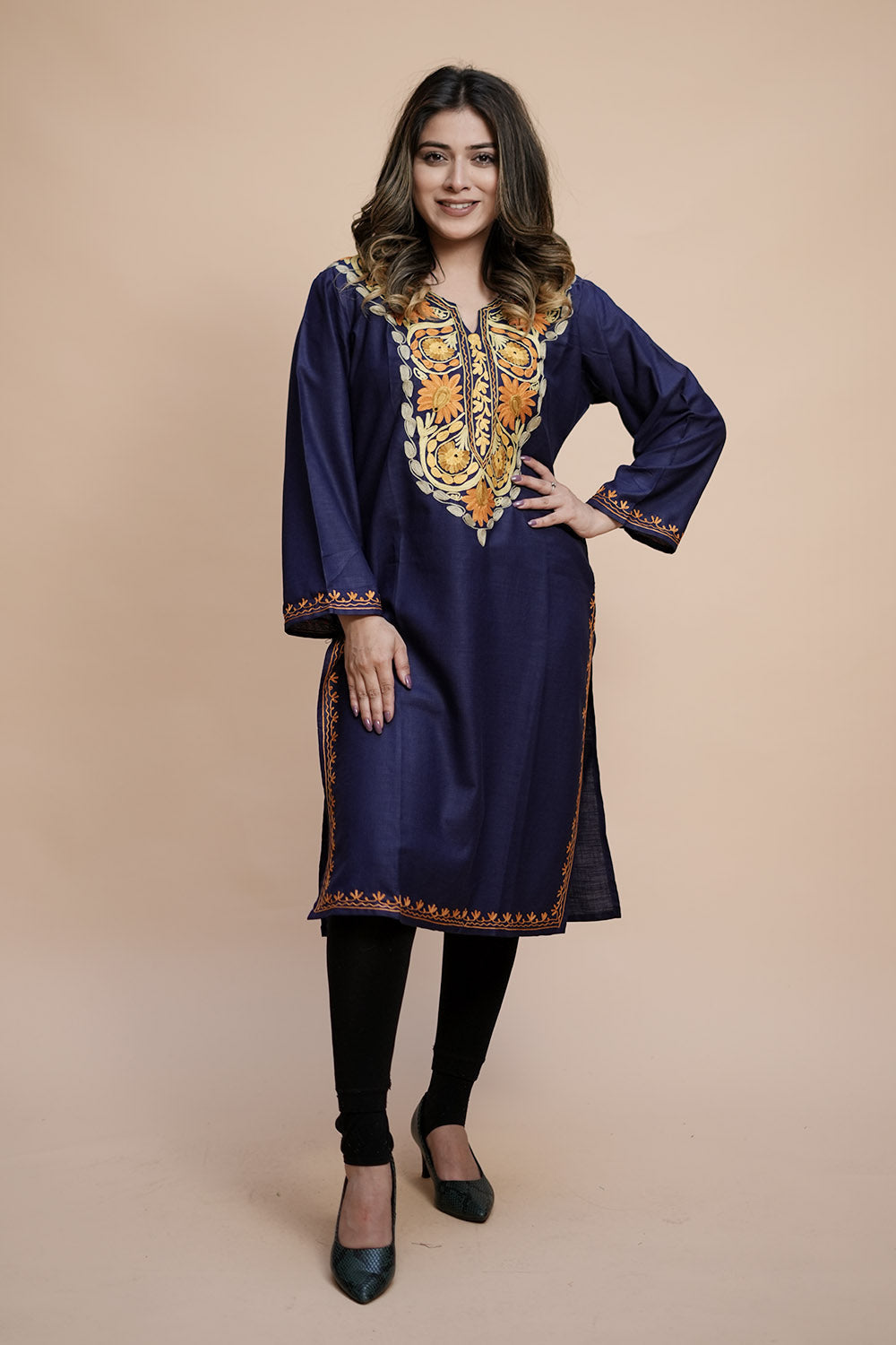Blue Colour Cotton Kurti With Kashmiri Motifs Latest