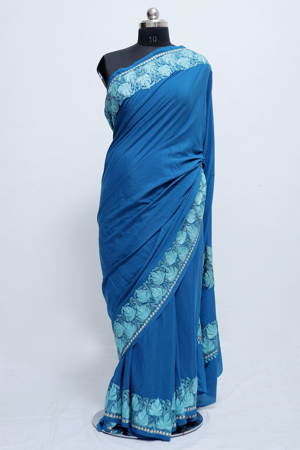 Blue Colour Crepe Saree With Beautiful Multicolour Kashmiri