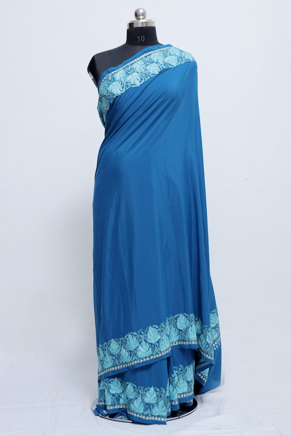 Blue Colour Crepe Saree With Beautiful Multicolour Kashmiri