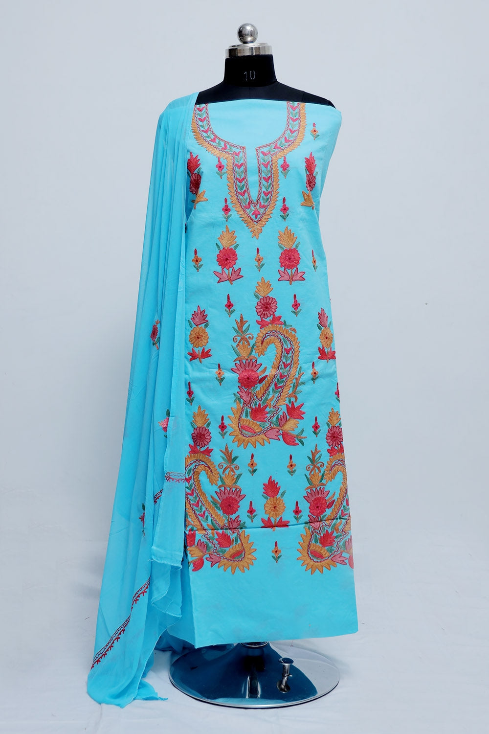 Blue Colour Designer Aari Work Suit With Floral Motif