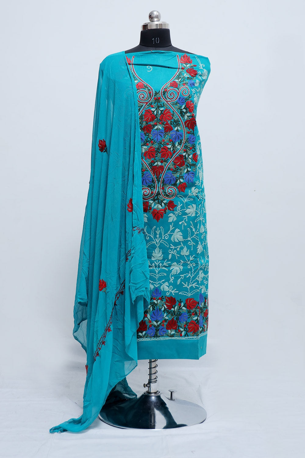 Rusty orange Pure Cotton Embroidered Semi formal Kashmiri Suit with Embroidered Mal Cotton Duppata