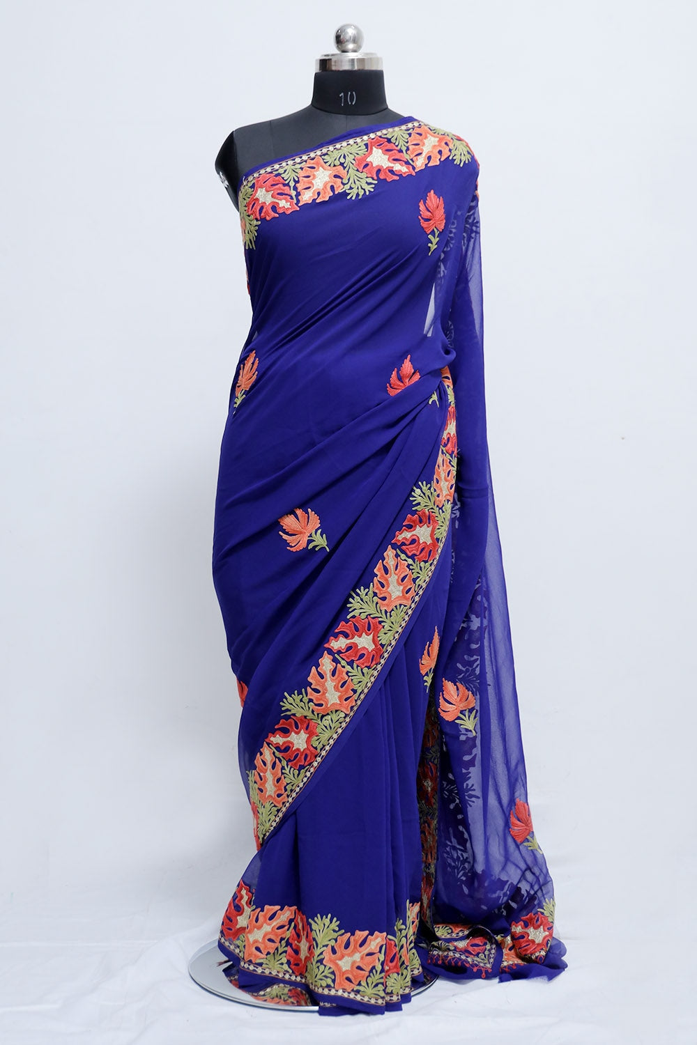 Blue Colour Kashmiri Aari Work Embroidery Saree Enriched