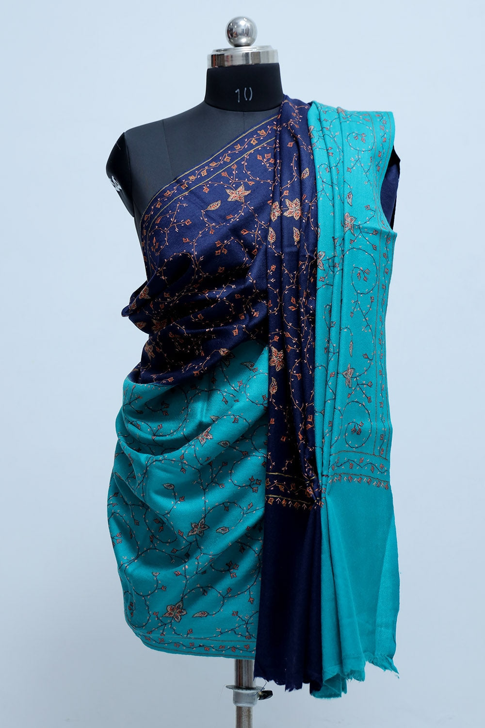 Blue Colour Kashmiri Sozni Work Shawl With Running Jaal