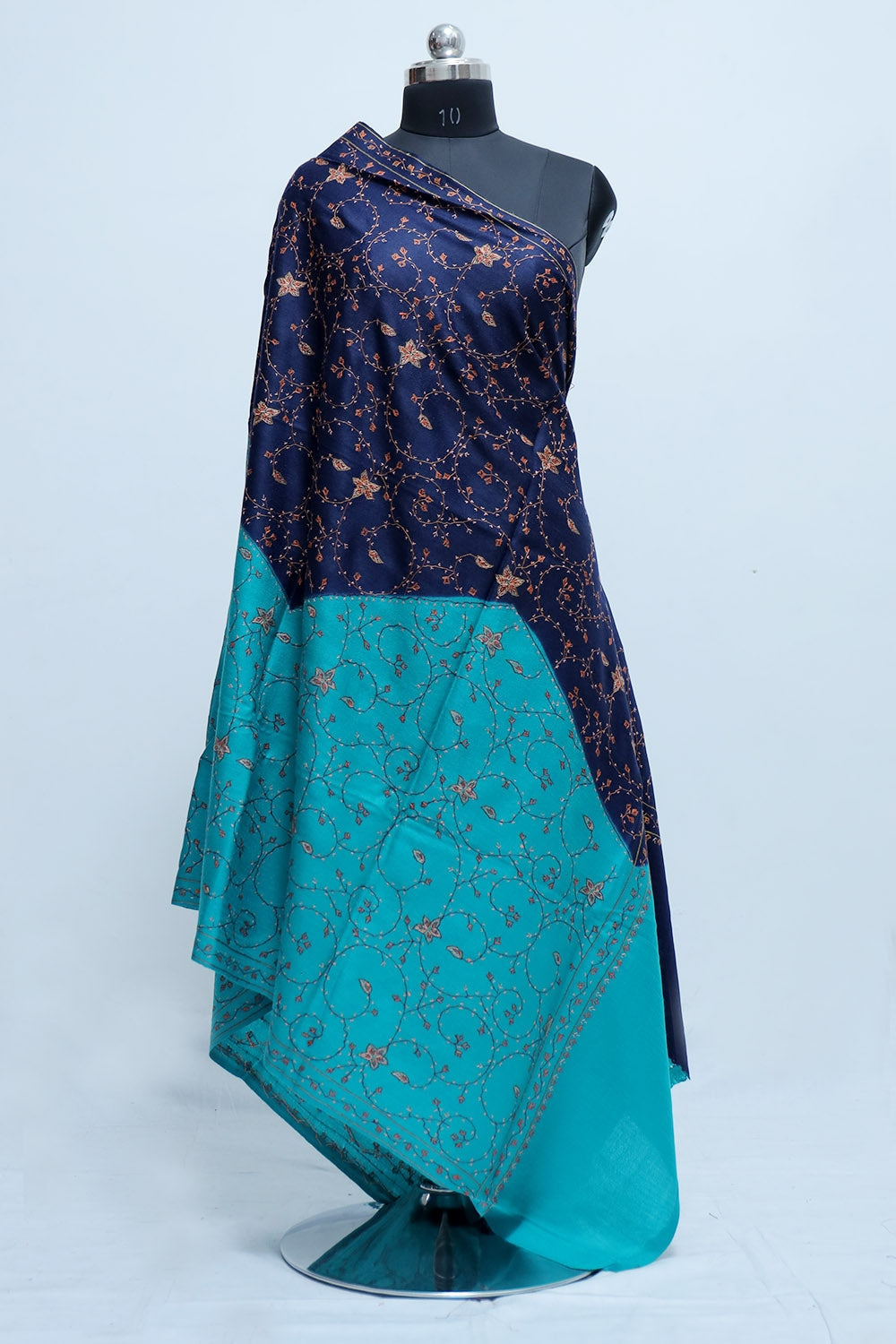 Blue Colour Kashmiri Sozni Work Shawl With Running Jaal