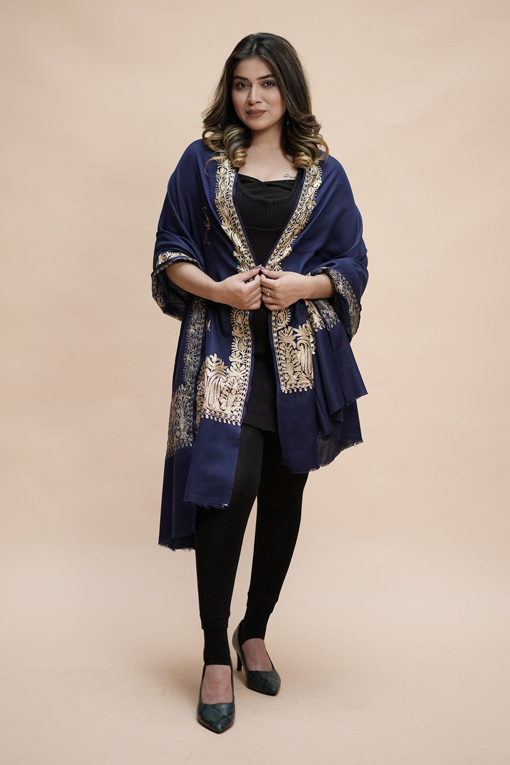 Blue Colour Semi Pashmina Shawl Enriched With Ethnic Heavy